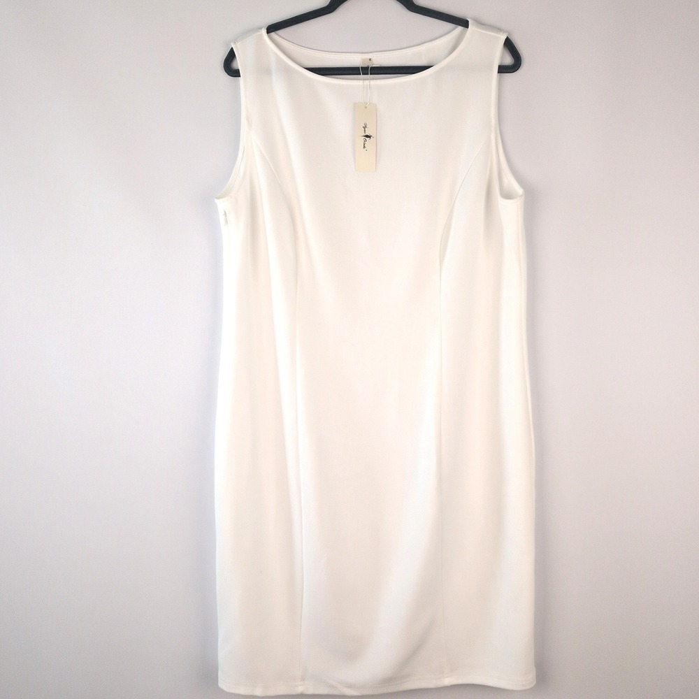 NWT Agnes Orinda Women 1X Sheath Dress White Boat Neck Sleeveless Work Pencil